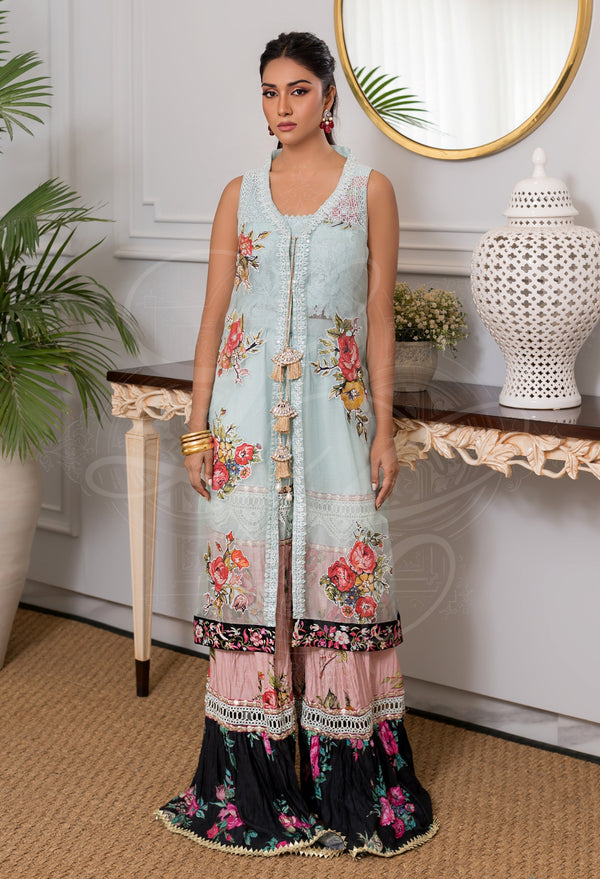 Aqua Blue Floral Organza Coat Set With Layered Gharara