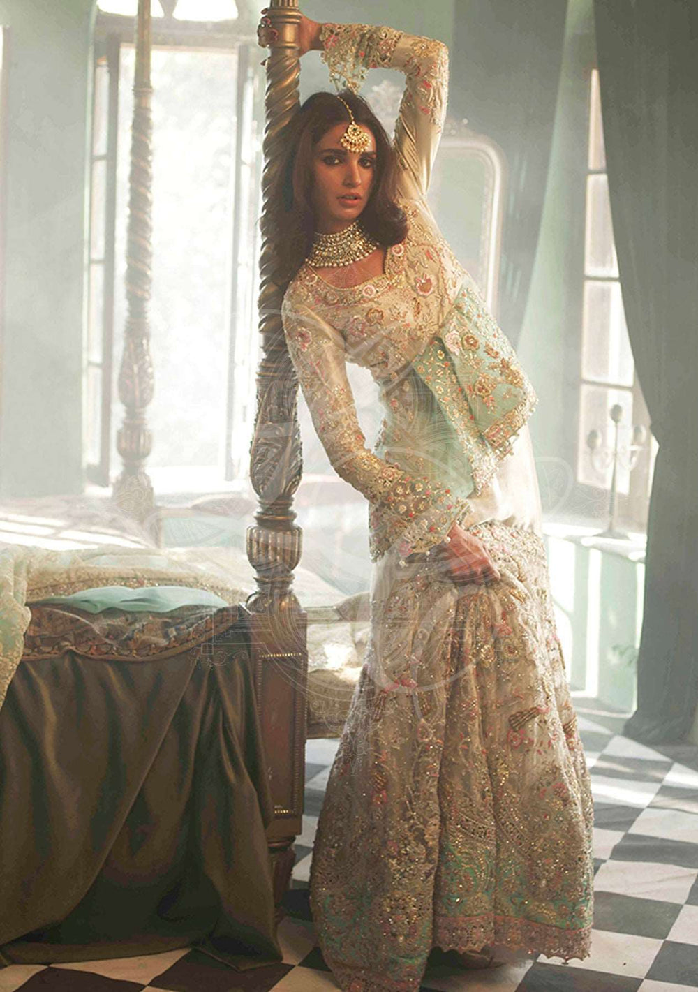 Ivory And Dull Gold Bridal Dress Shirt, Pants & Dupatta / L / Dull Gold Lame/Net/Chantilly Lace