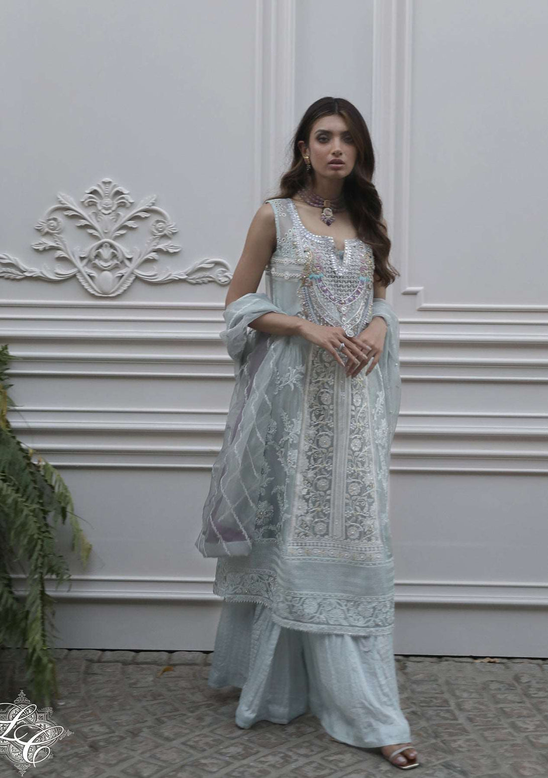 Blue chikankari long kameez with crushed gharara and organza dupatta