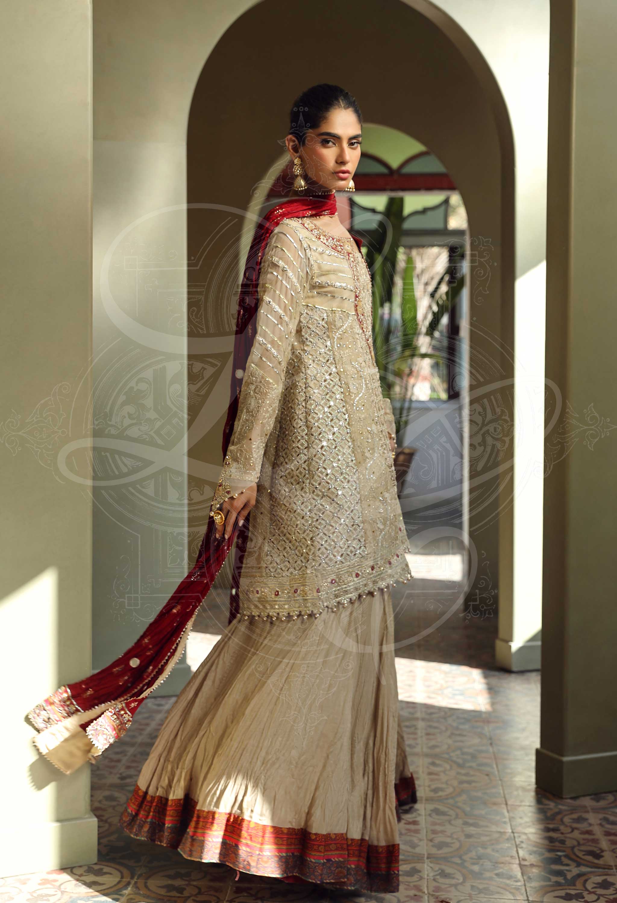 Beige Kalidar Angrakha With Crushed Gharara