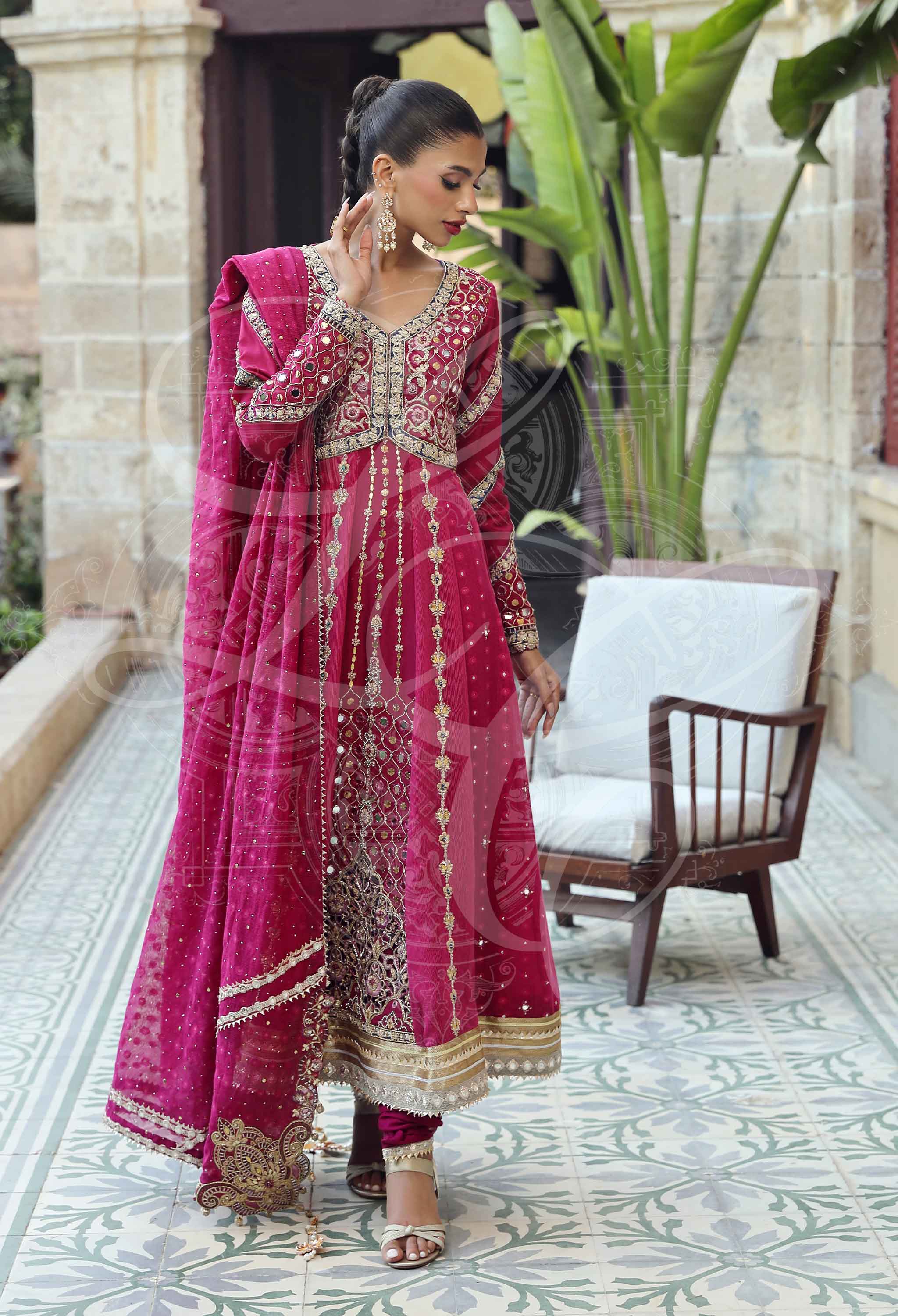 Fuchsia Angrakha With Mirror Work