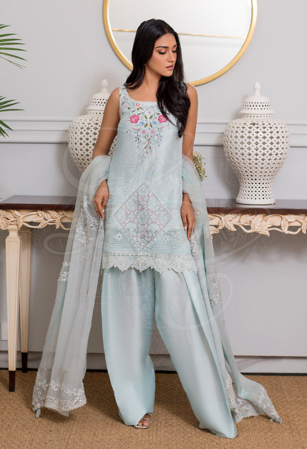 Sky Blue Aari Cutwork Set with Farshi Shalwar and Gota Dupatta