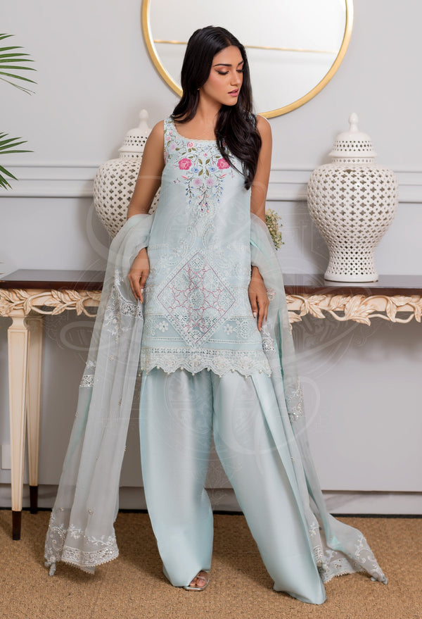 Sky Blue Aari Cutwork Set With Farshi Shalwar And Gota Dupatta