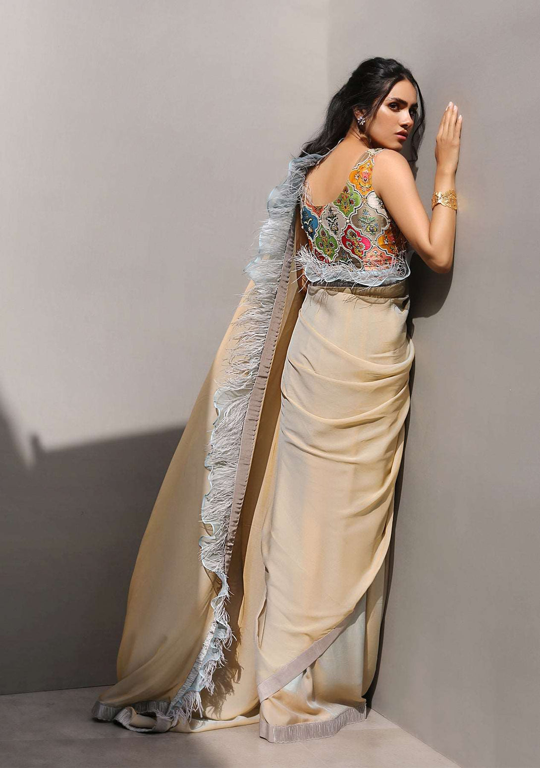 Feather trim saree with embroidered blouse