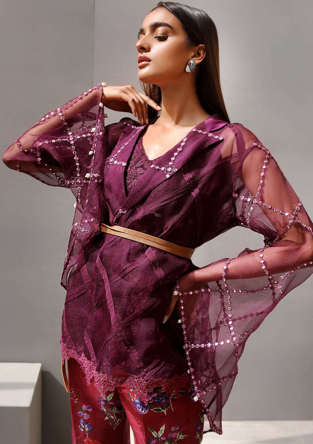 Organza wrap top with printed pants