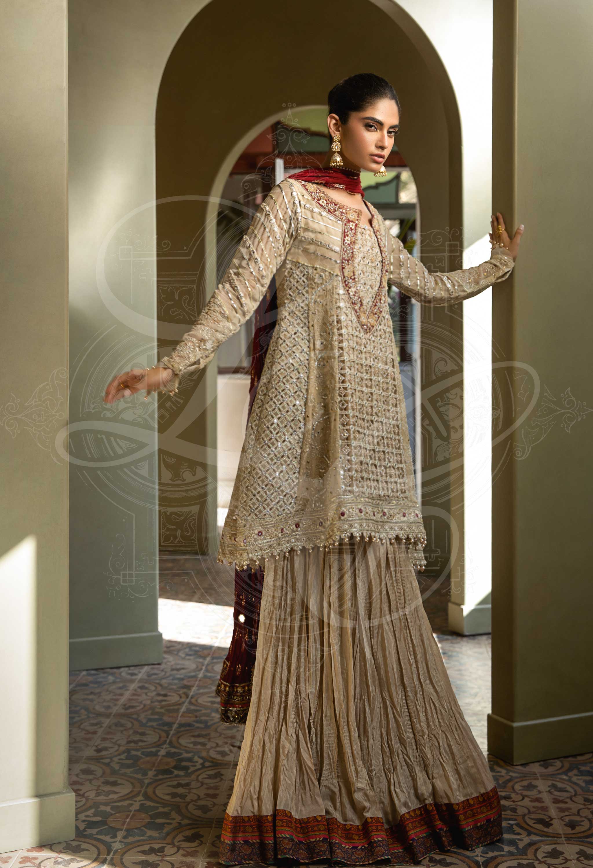 Beige Kalidar Angrakha With Crushed Gharara