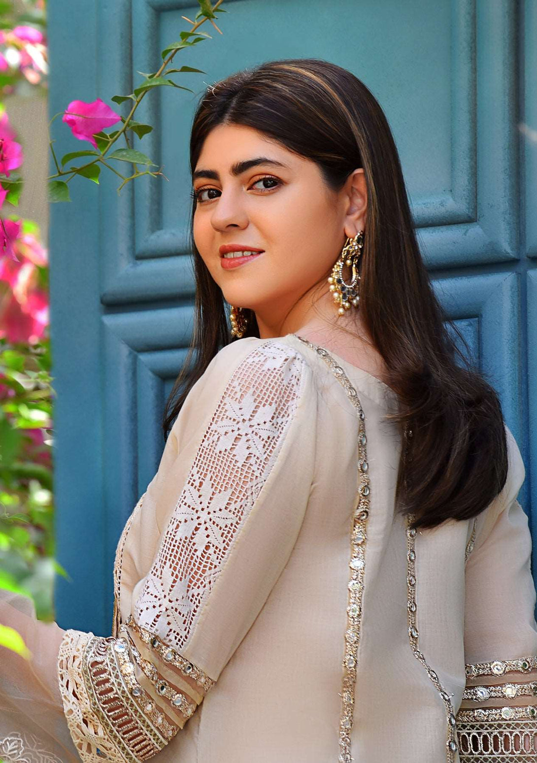 Beige tunic with crushed gharara and dupatta