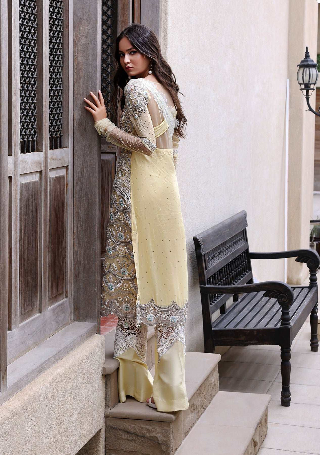 Lemon yellow long shirt with embellished bootcut pants