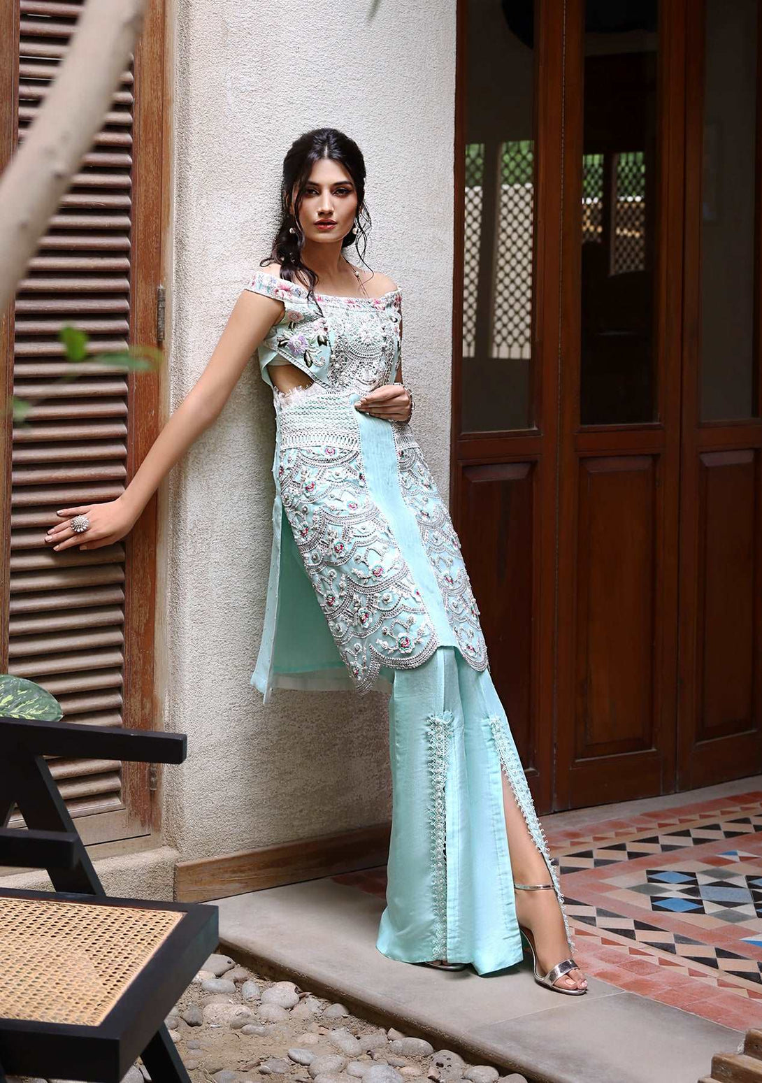 Tiffany blue off shoulder tunic with bootcut pants