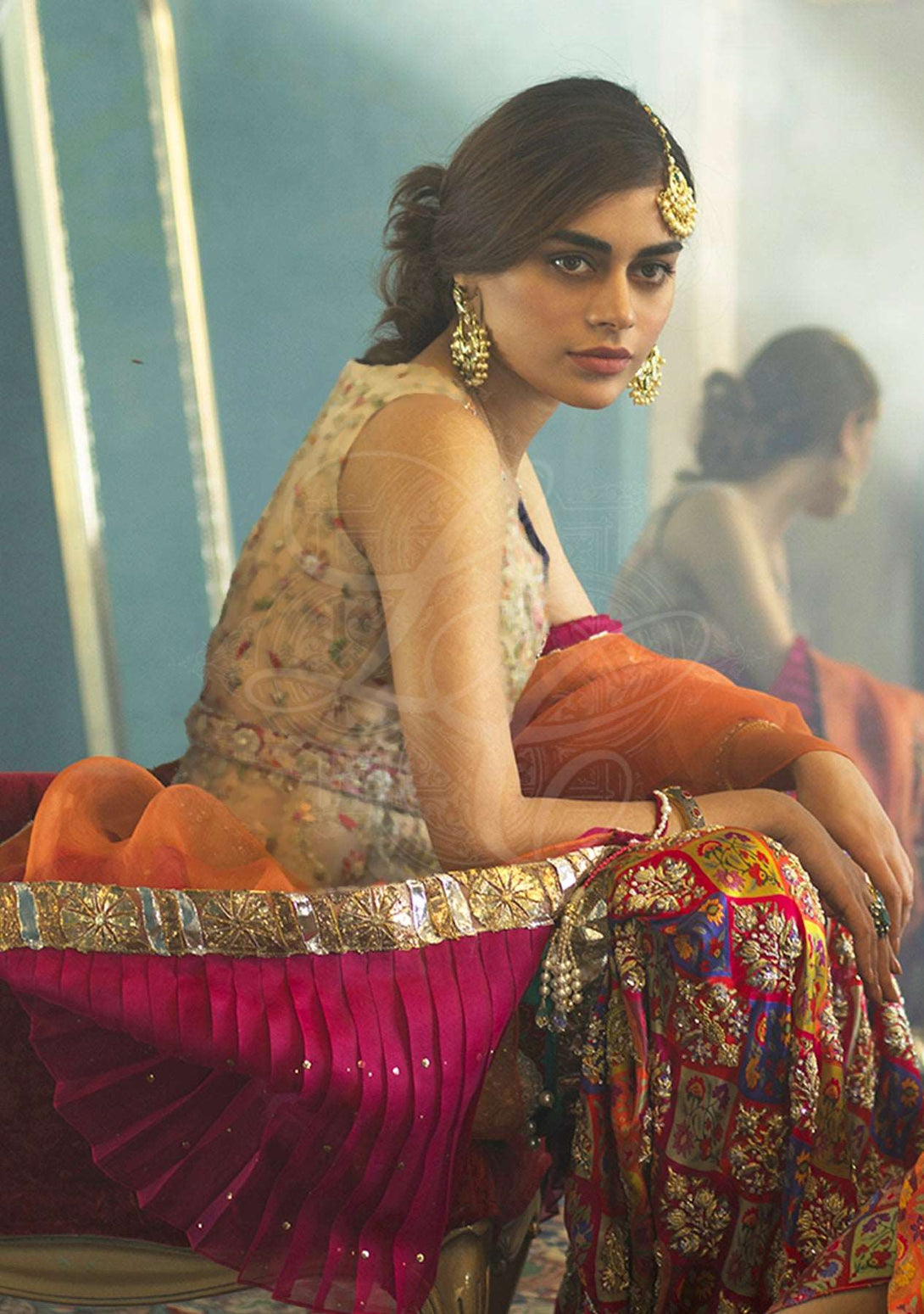 Peach peplum with printed gharara and dupatta