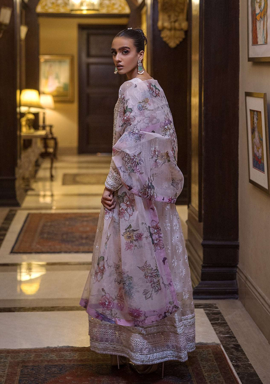 Pink chikankari peshwas with churidars and printed dupatta