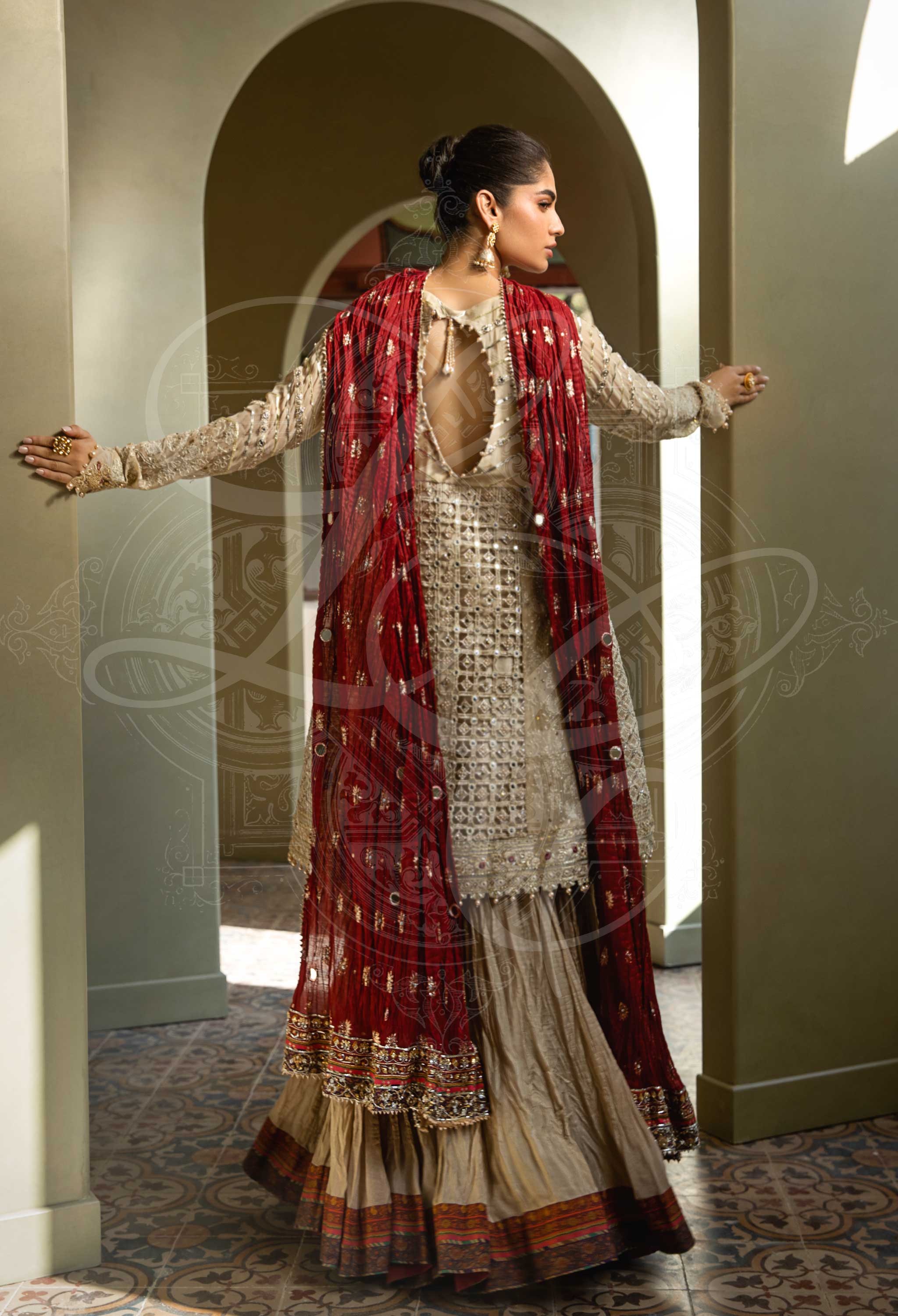 Beige Kalidar Angrakha With Crushed Gharara