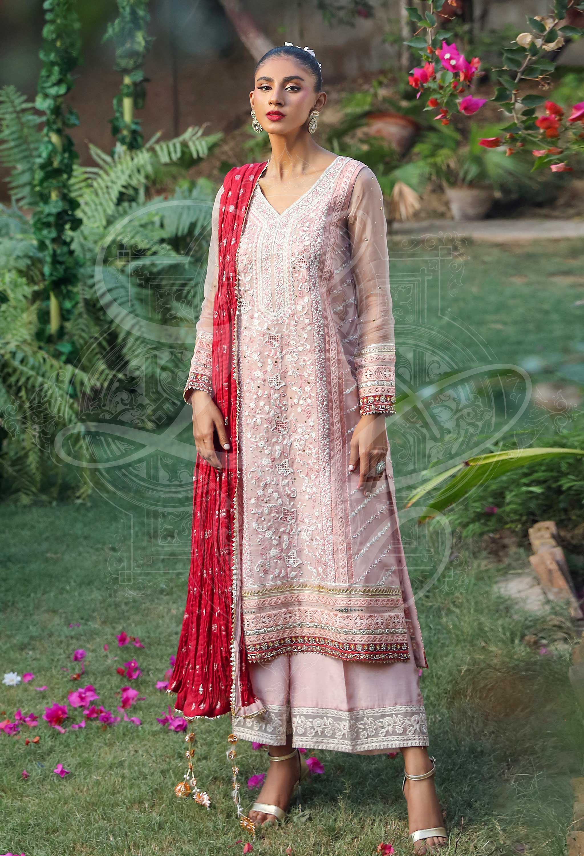 Rose Chikankari Long Shirt With Pants