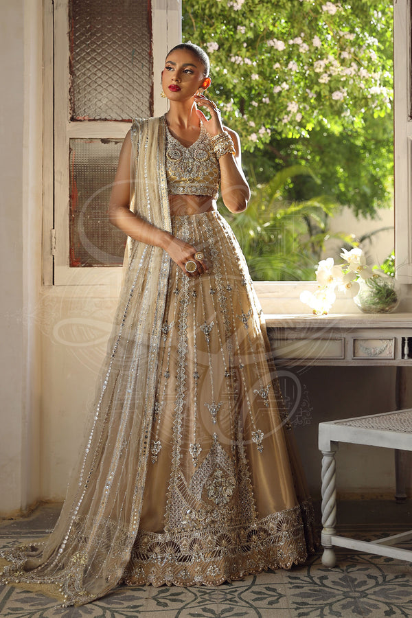 Beige Embellished Blouse With Mermaid Cut Lehenga
