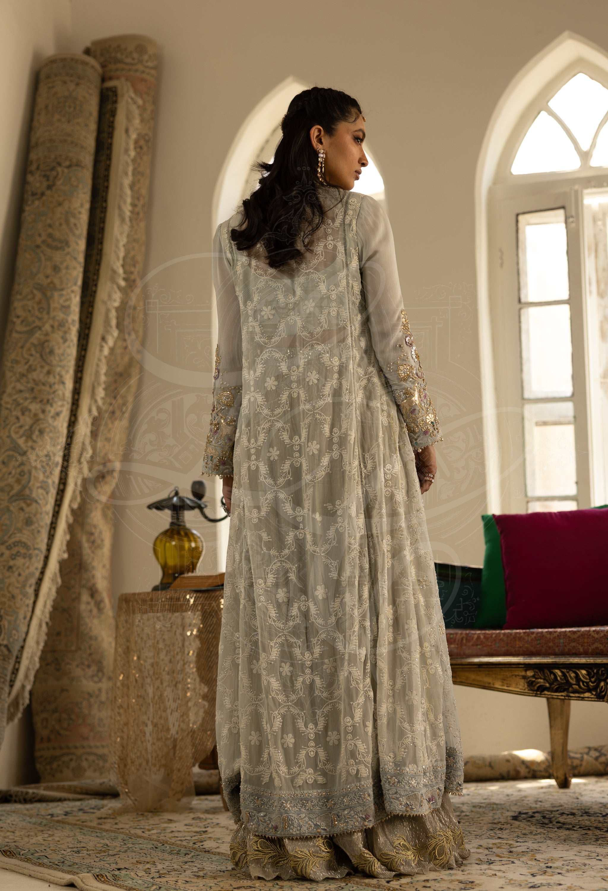 Silver Grey Chikankari Coat Set with Hand Embellished Gharara