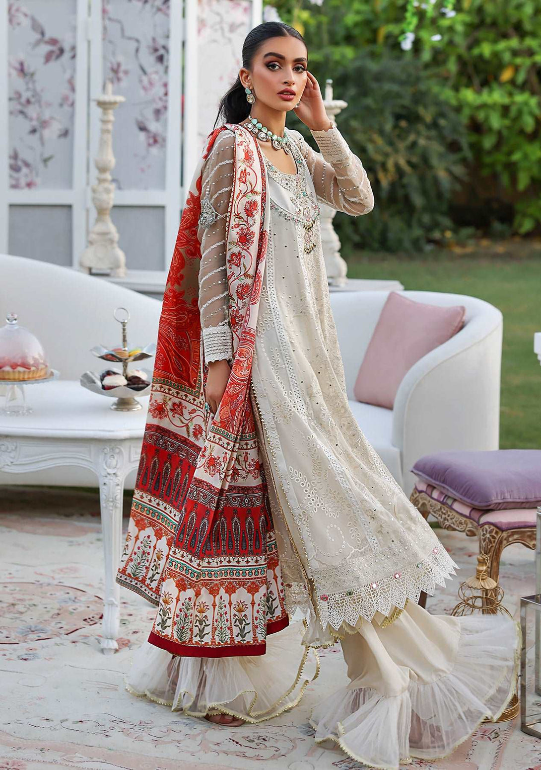 Ivory kaamdani and chikankari kalidar with gharara and printed dupatta
