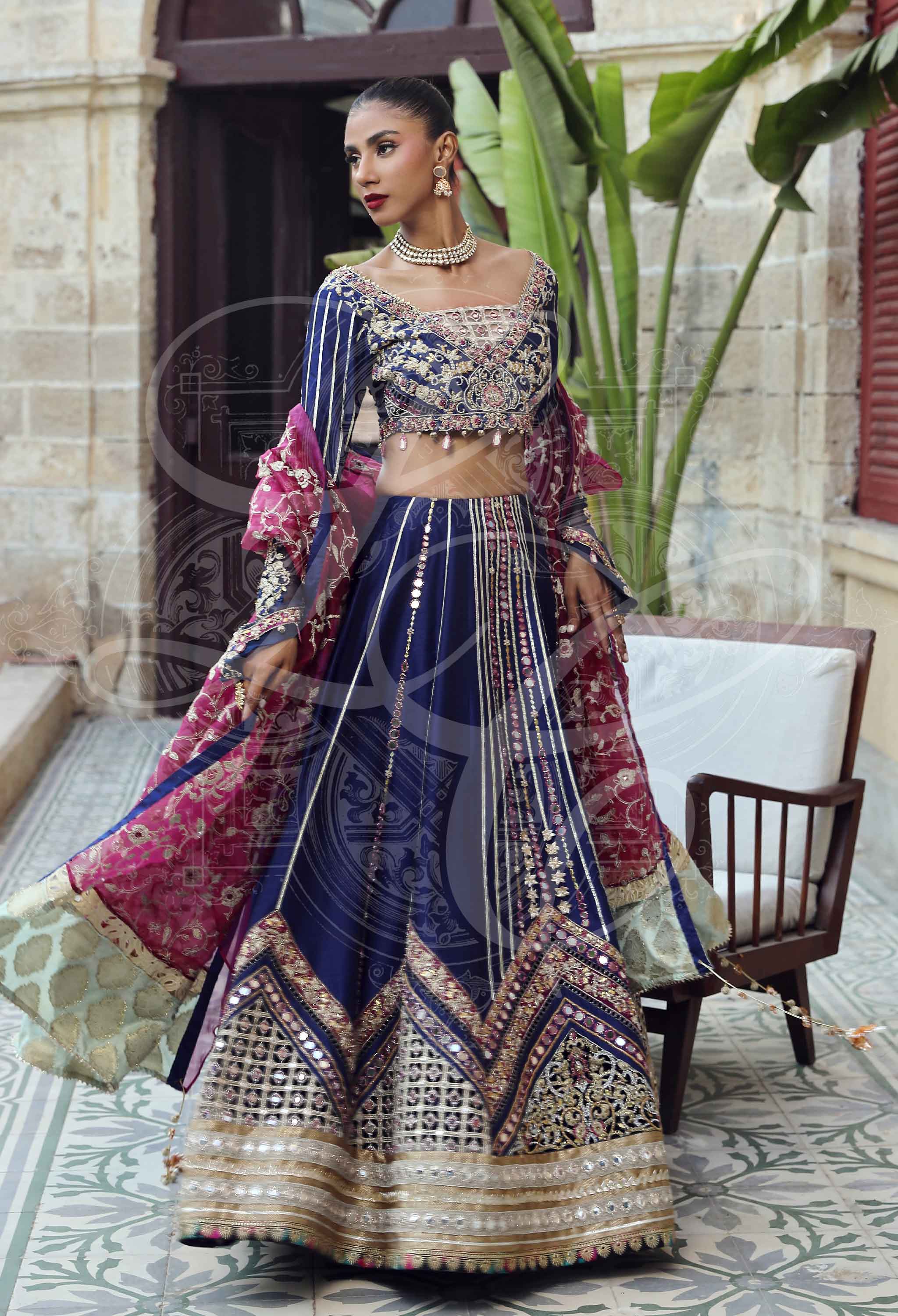 Navy & Fuchsia Lehenga With Embellished Blouse