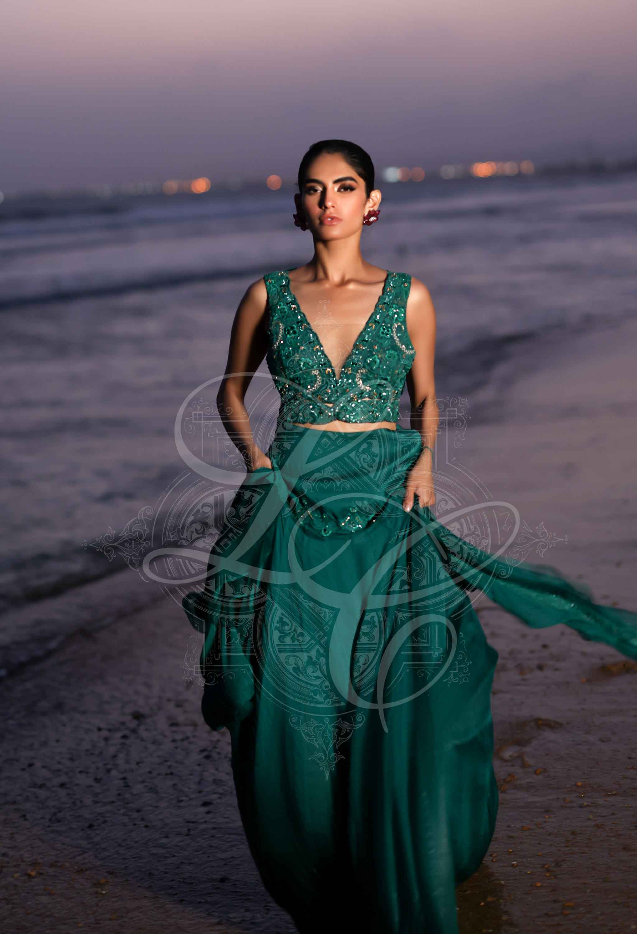 Emerald and gold embellished blouse with skirt