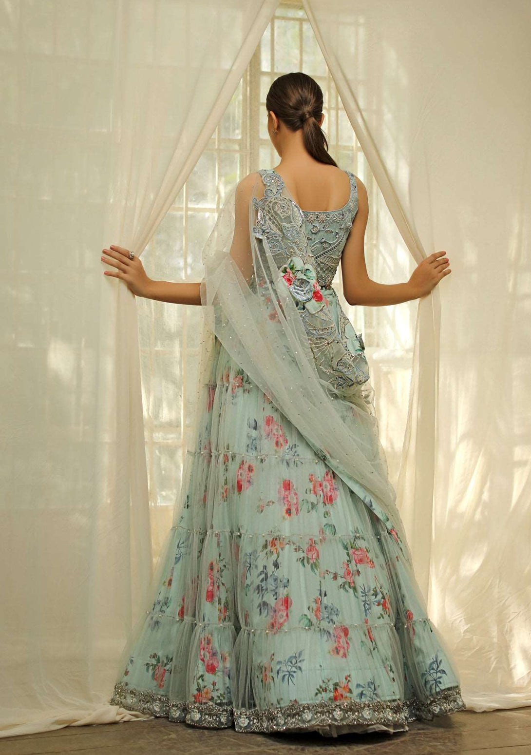 Blue floral printed lehenga with choli and dupatta