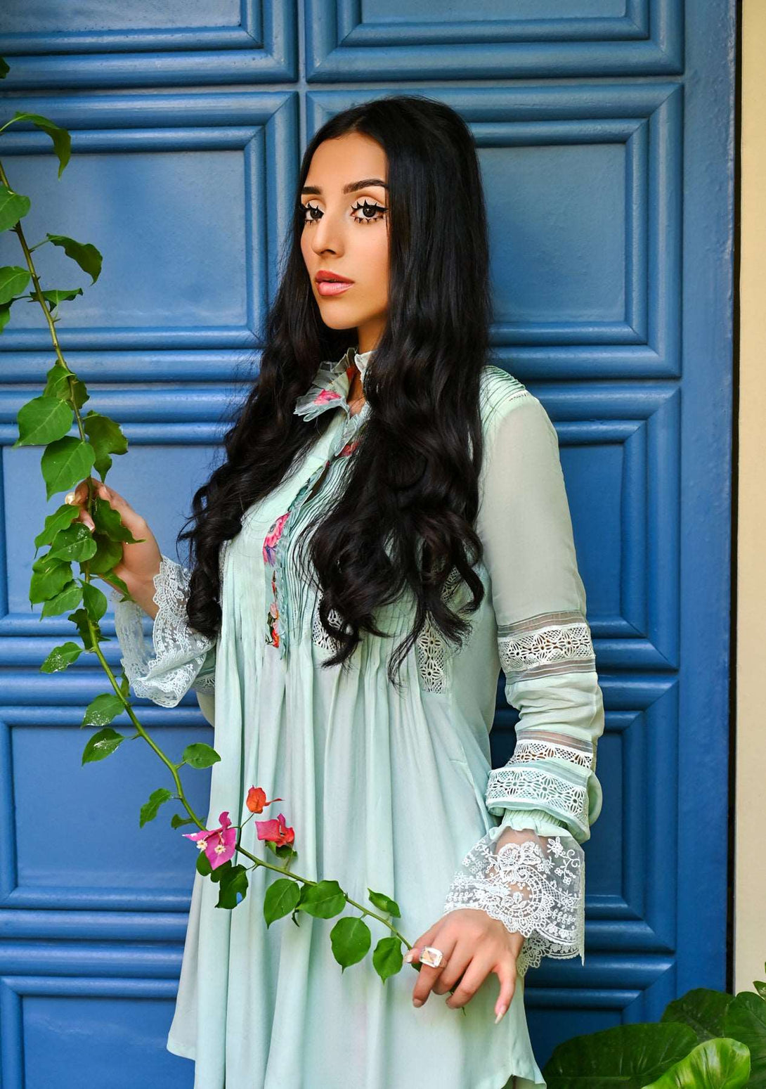 Tiffany blue peplum top with printed pants