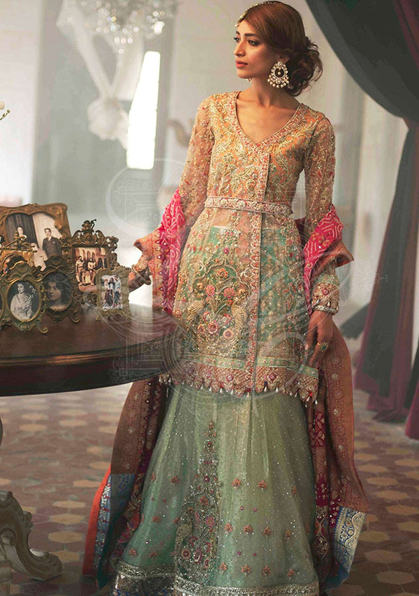 Tangerine brocade angrakha with lehenga and dupatta