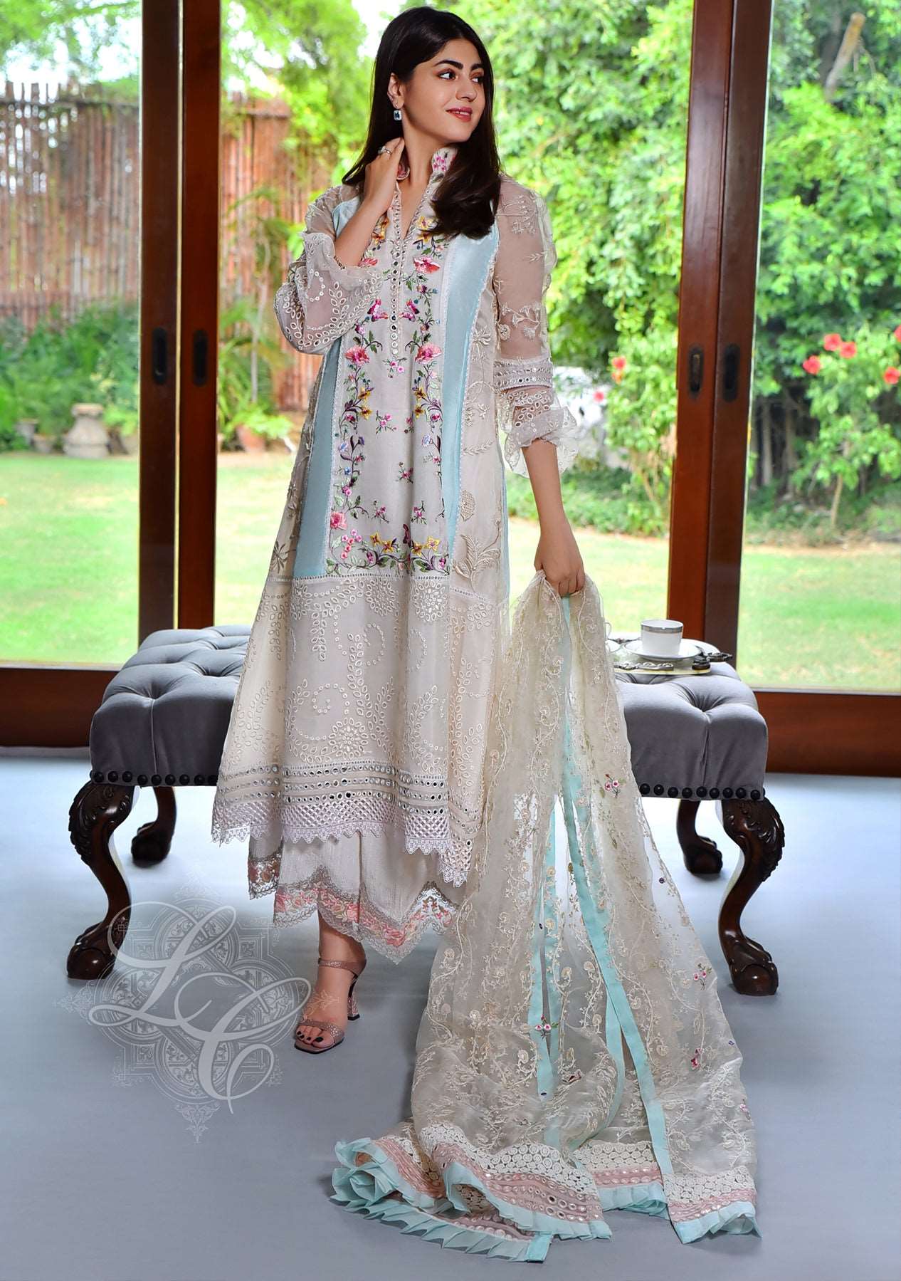 Off white kalidar paired with culottes and organza dupatta