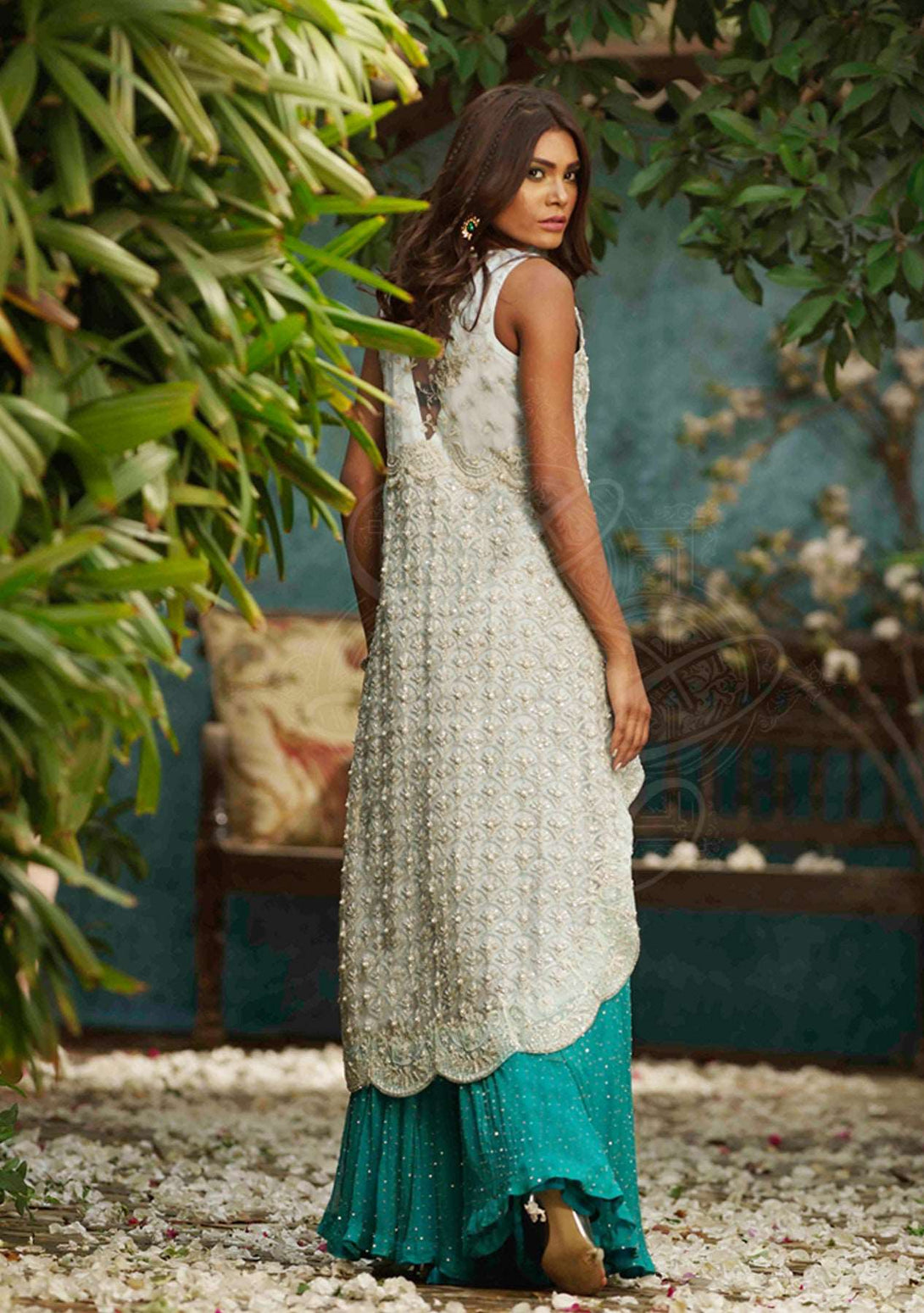 Aqua blue hi lo shirt with gharara and dupatta