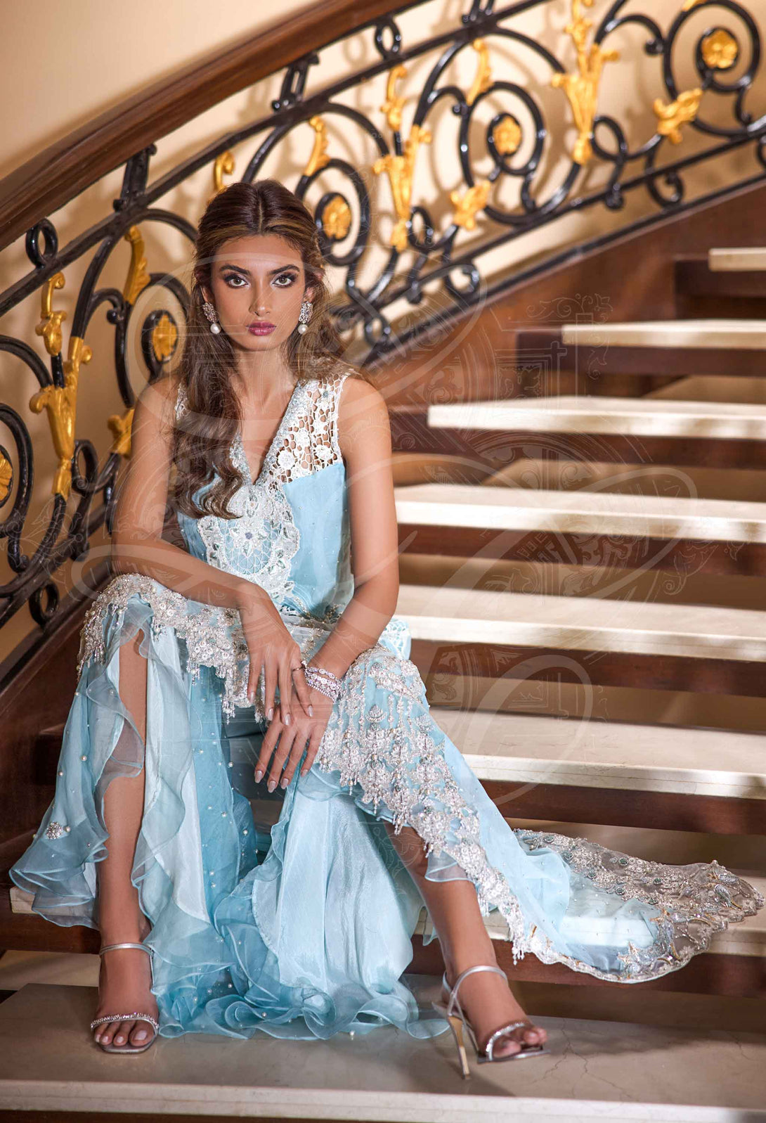 Aquamarine blue hi lo top with gharara