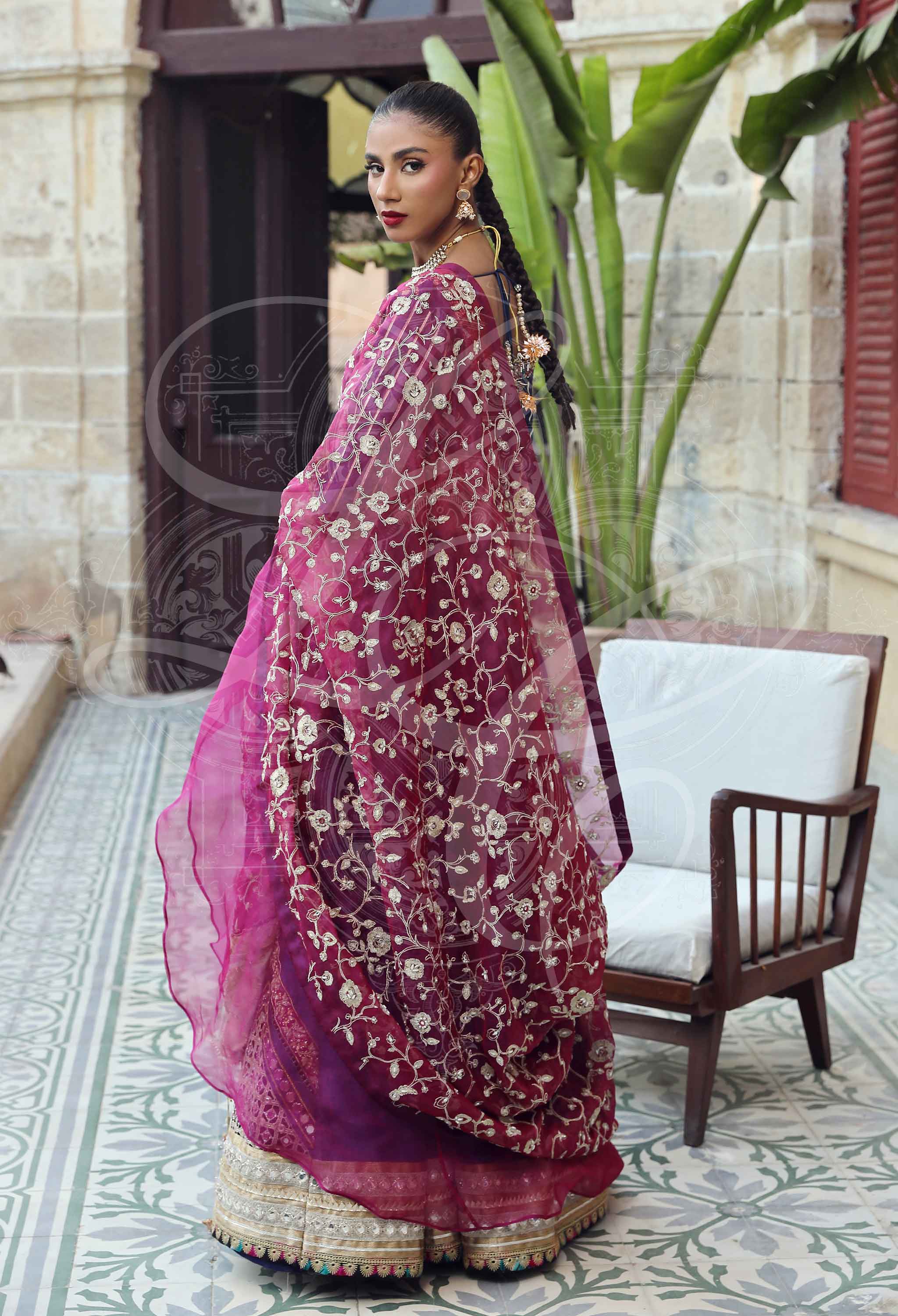 Navy & Fuchsia Lehenga With Embellished Blouse