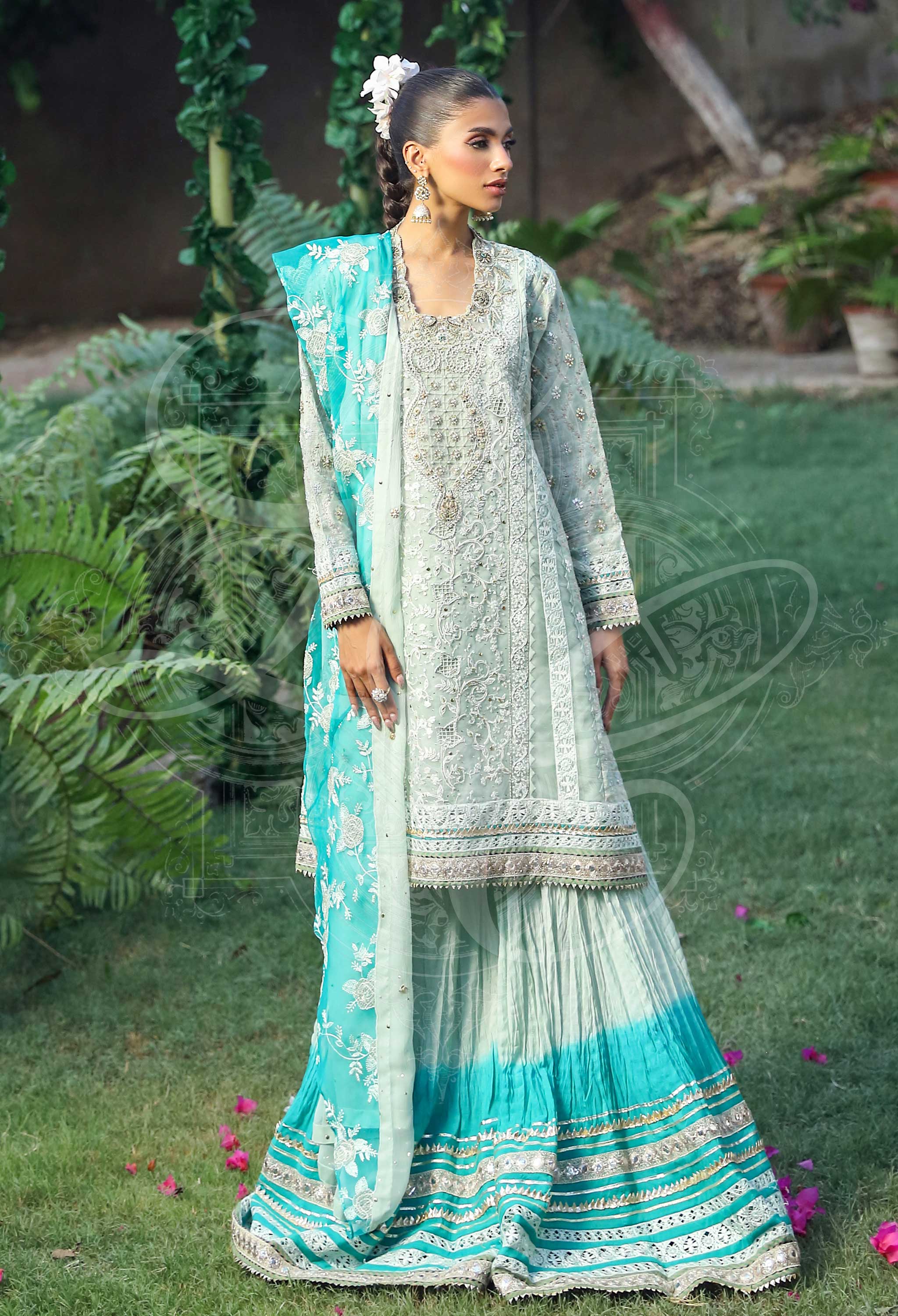 Sage Green Chikankari Kurta With Gharara