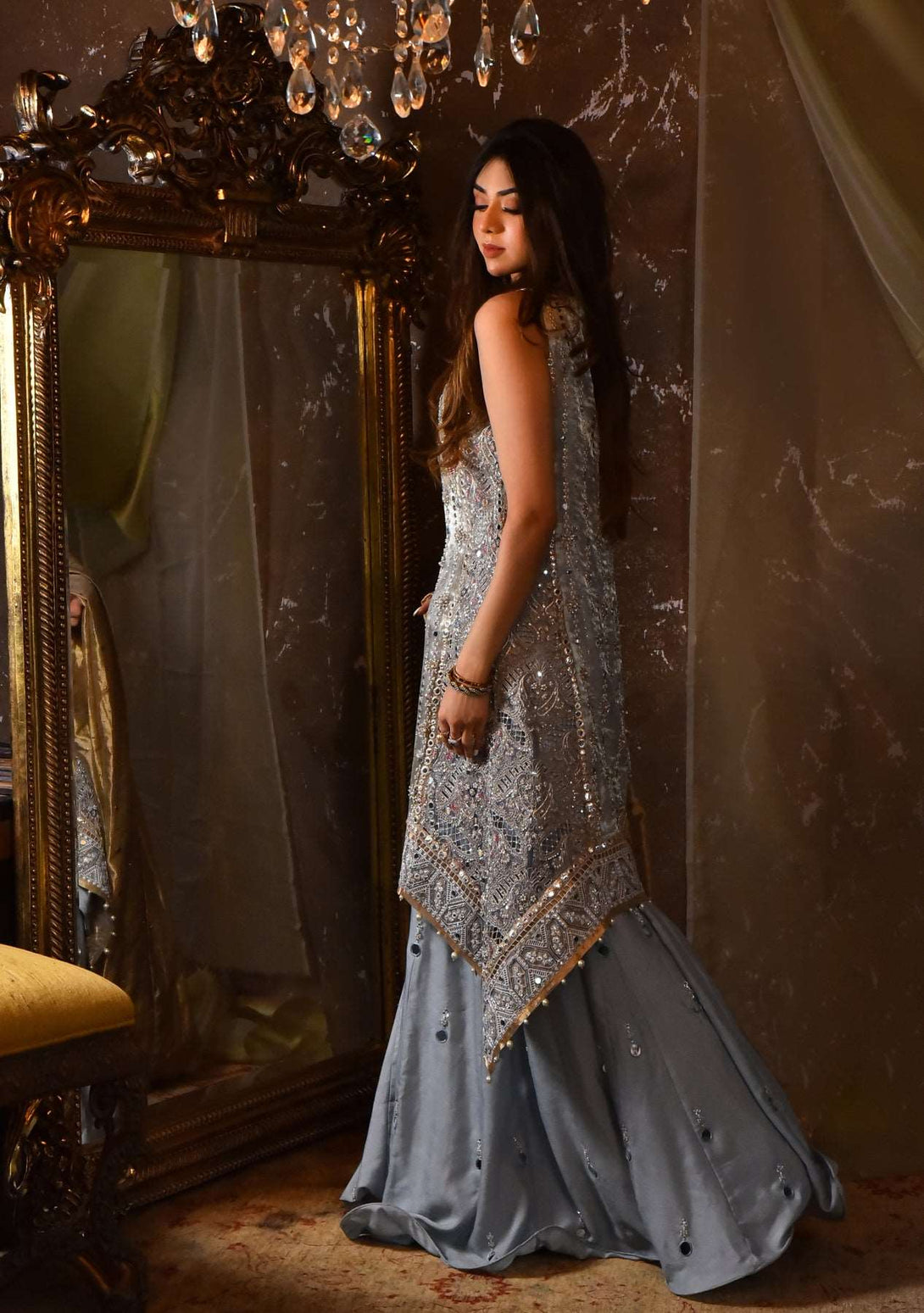 Grey hi lo top with gharara and dupatta