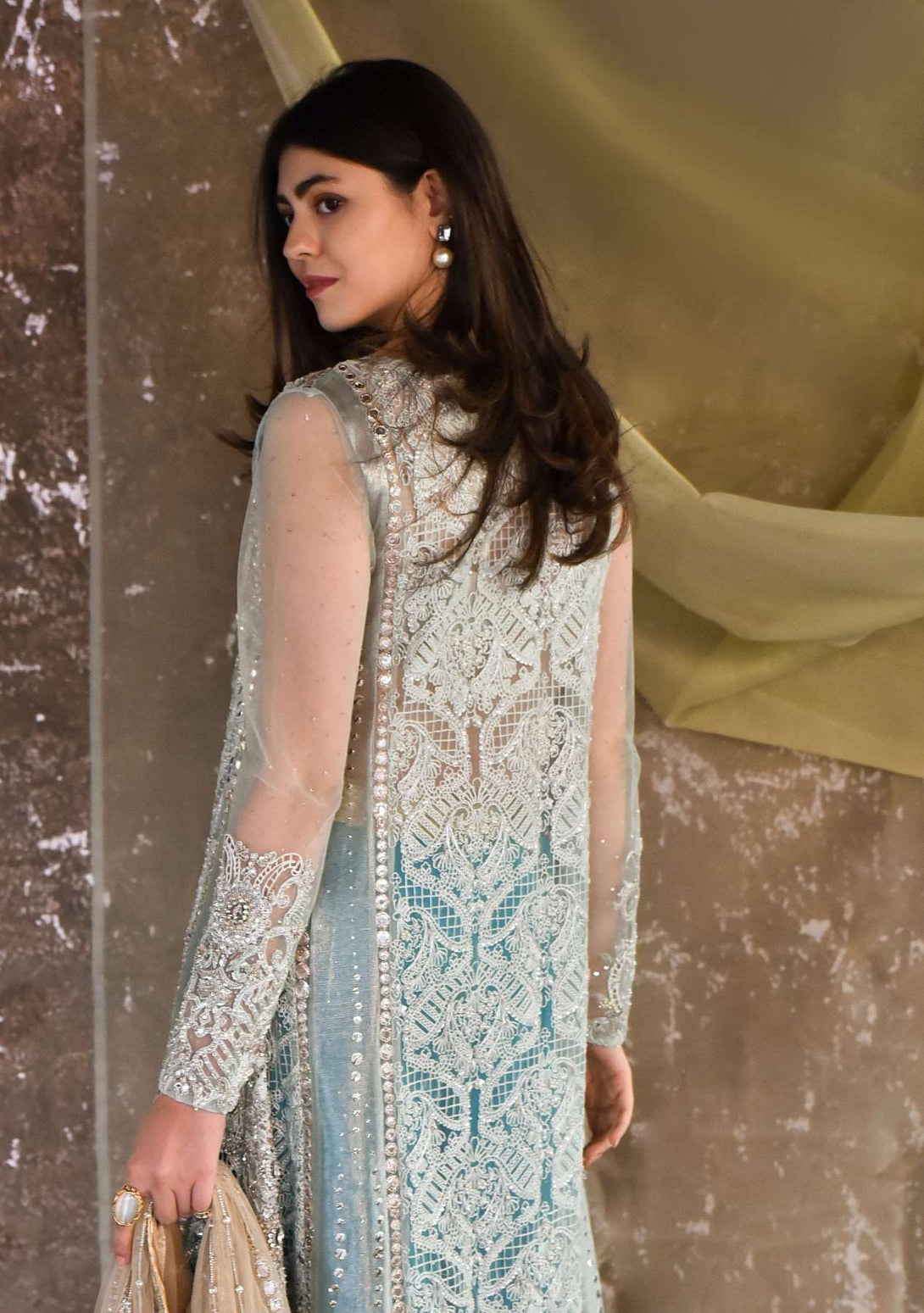 Mint cutwork kameez with gharara and dupatta