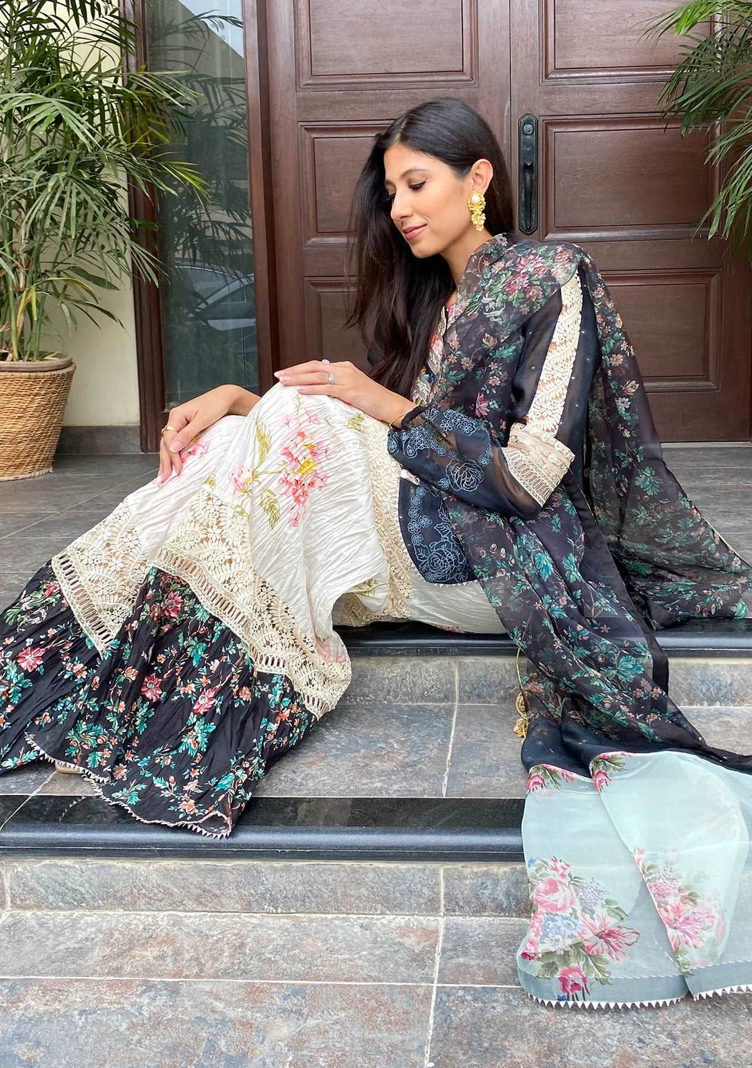 Grey beige tunic with crushed gharara and dupatta