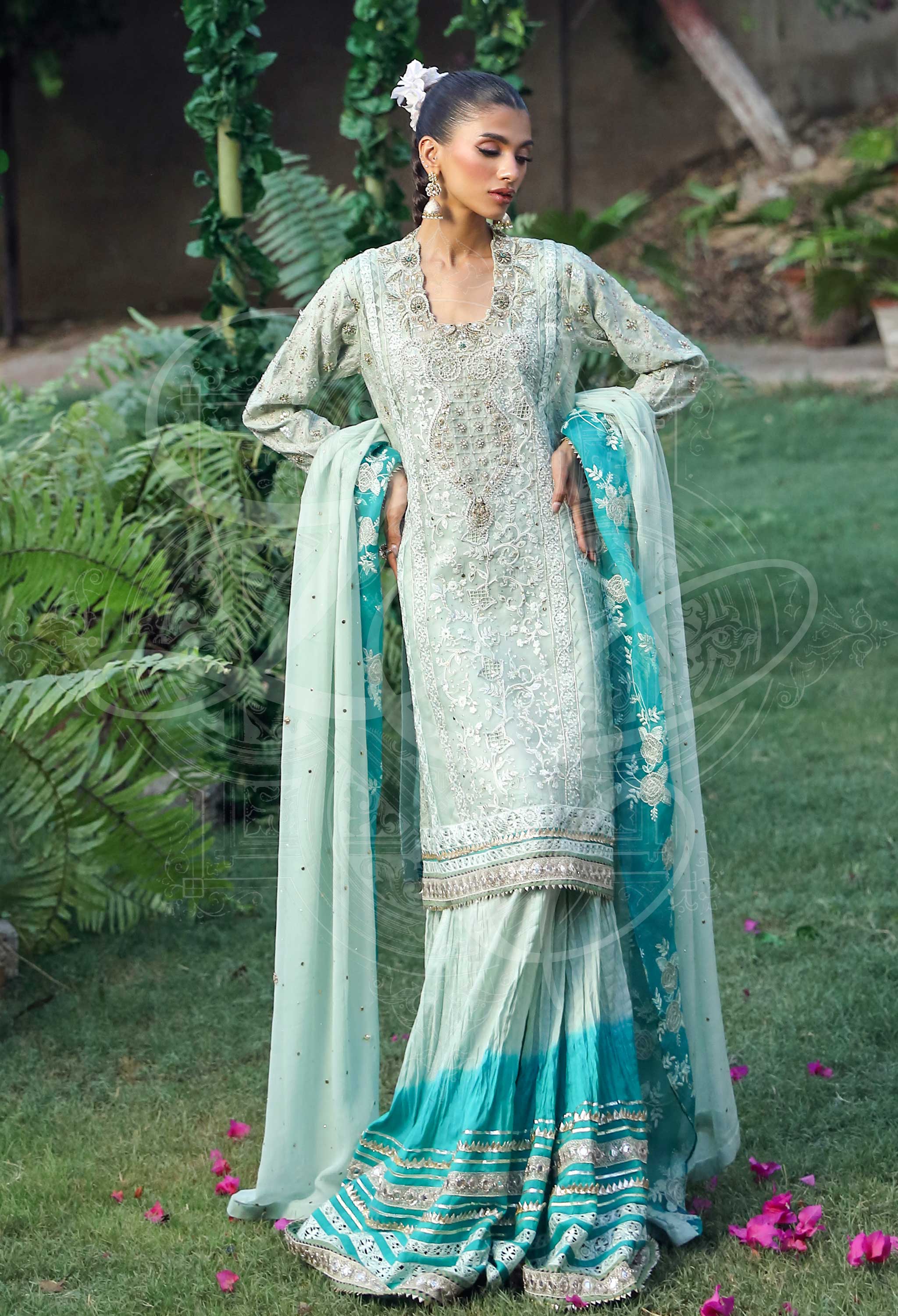 Sage Green Chikankari Kurta With Gharara