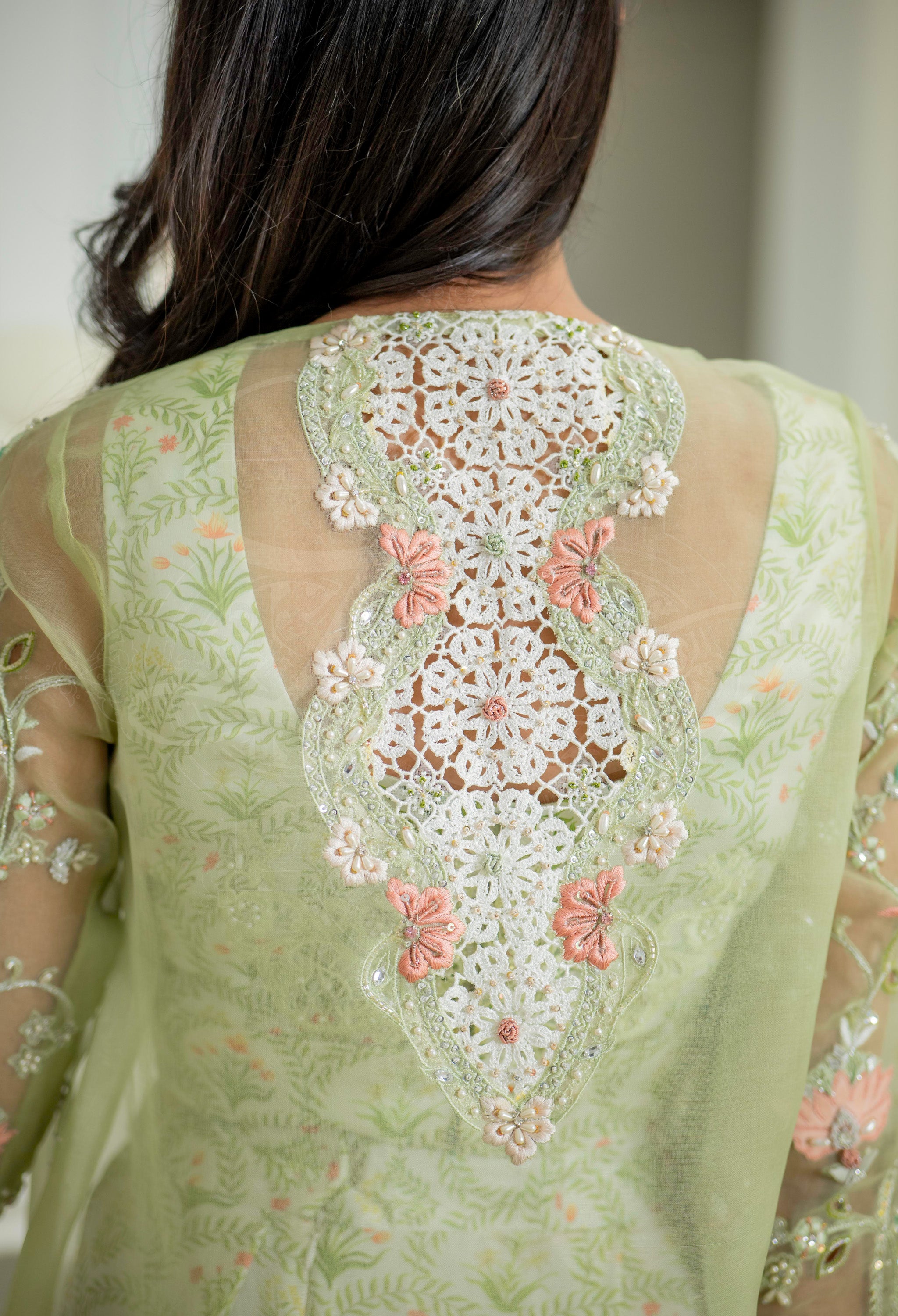 Elara Pistachio U-Hem Cutwork Saree Set