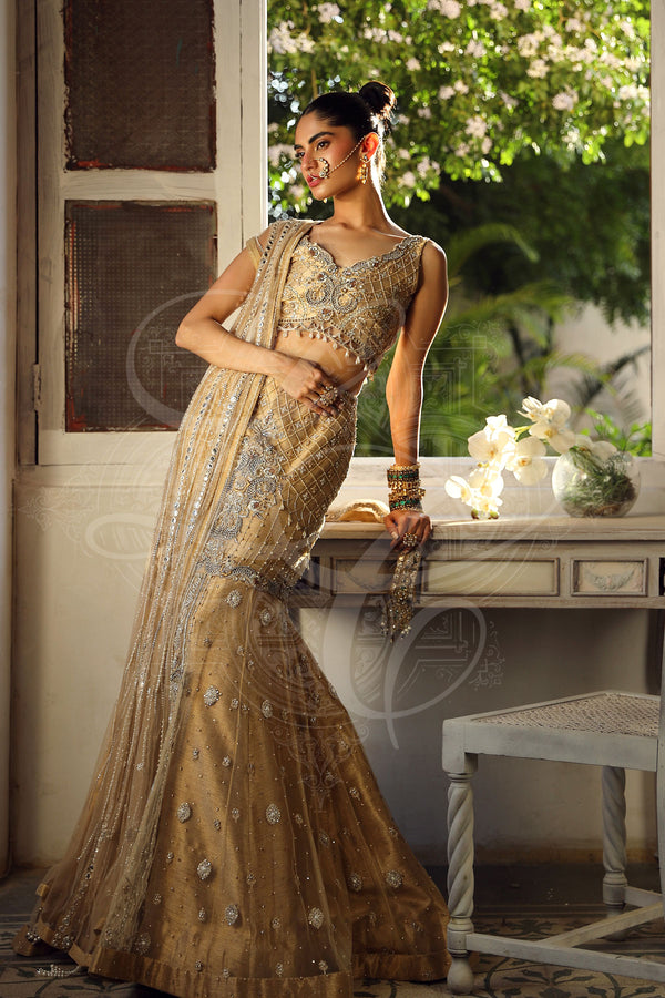 Beige Geometric Blouse With Paneled Cutwork Lehenga
