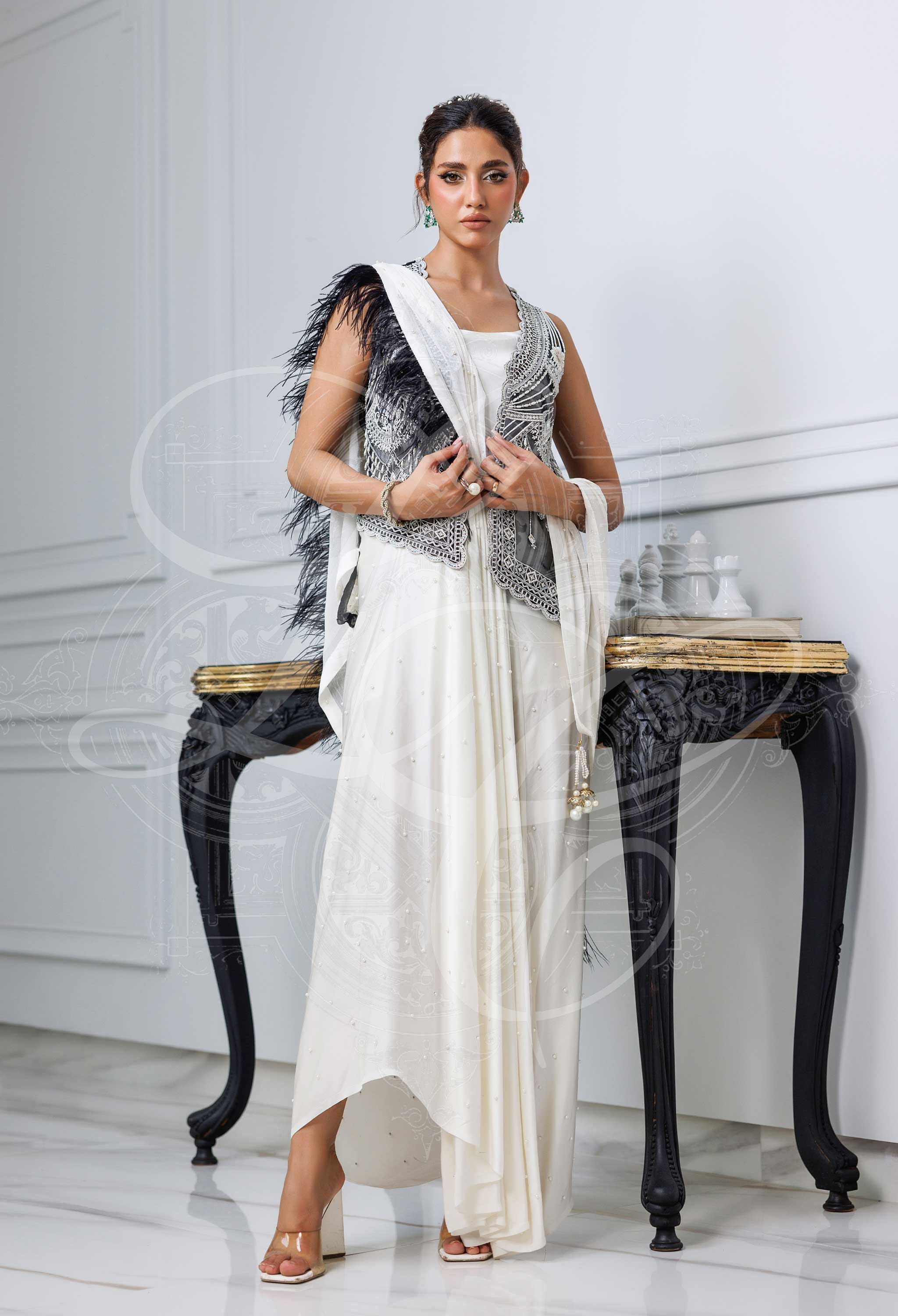 Black & White Saree With Embellished Coat & Camisole