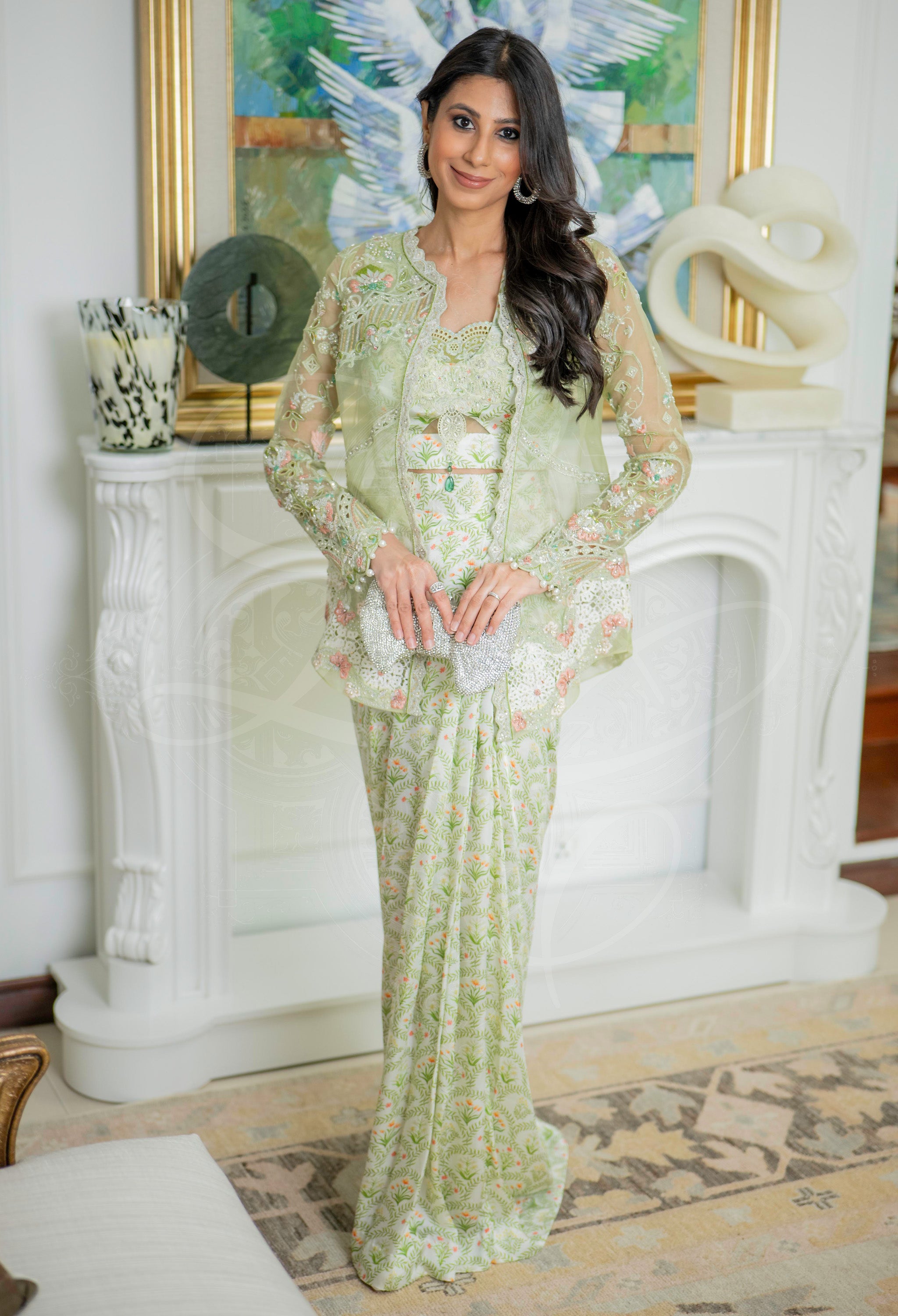 Elara Pistachio U-Hem Cutwork Saree Set
