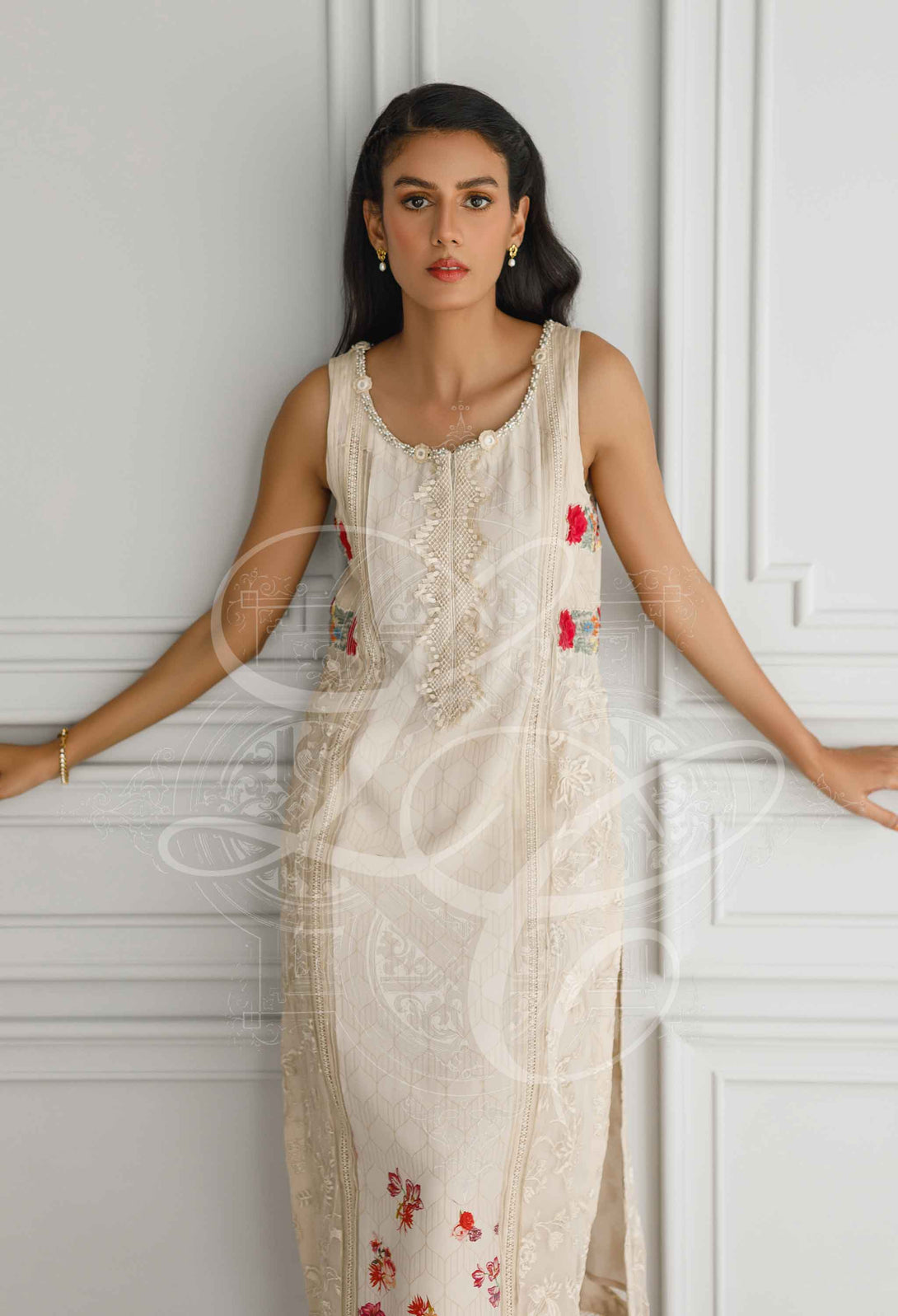 Beige printed and embroidered set