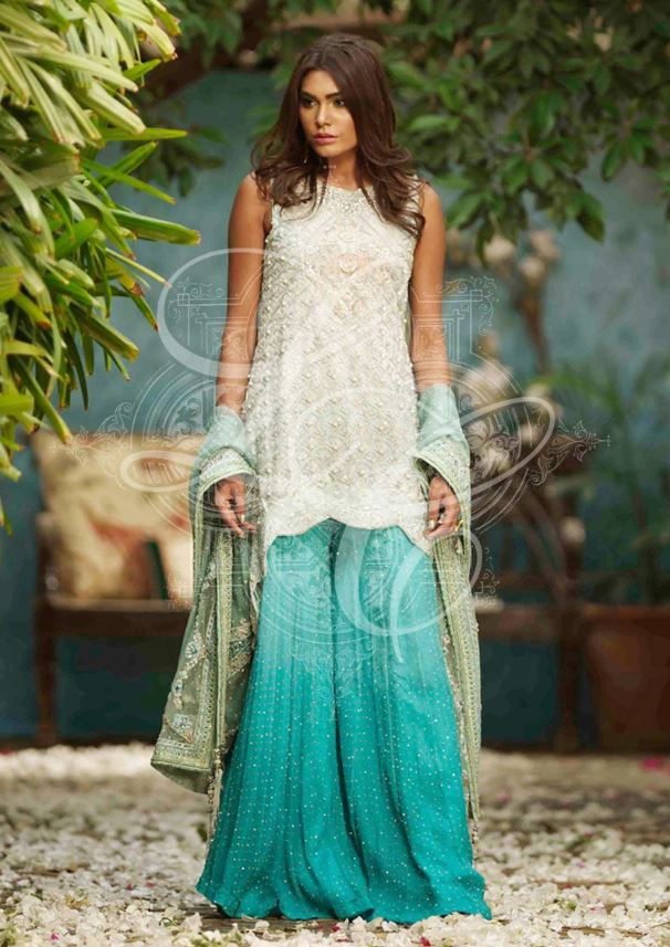 AQUA BLUE HI LO SHIRT WITH GHARARA AND DUPATTA