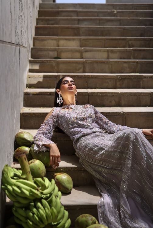 Lavender Beaded & Embellished Gown With Fully Worked Sleeves