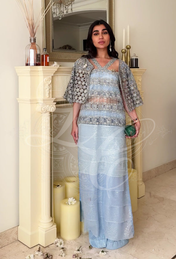 Sona “ Cornflower Blue Sequin Cape Set