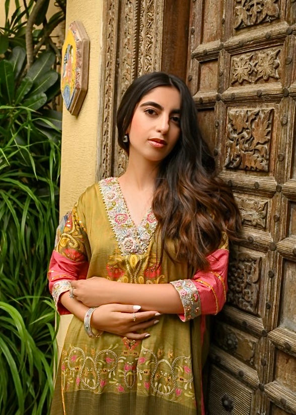 Olive green printed kaftan