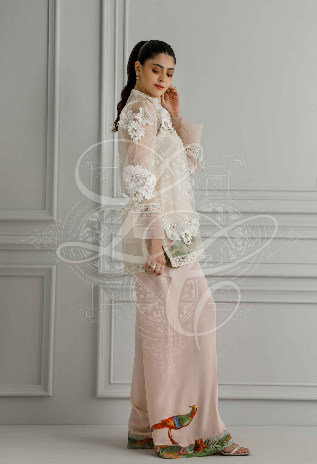 Organza shirt with printed pants