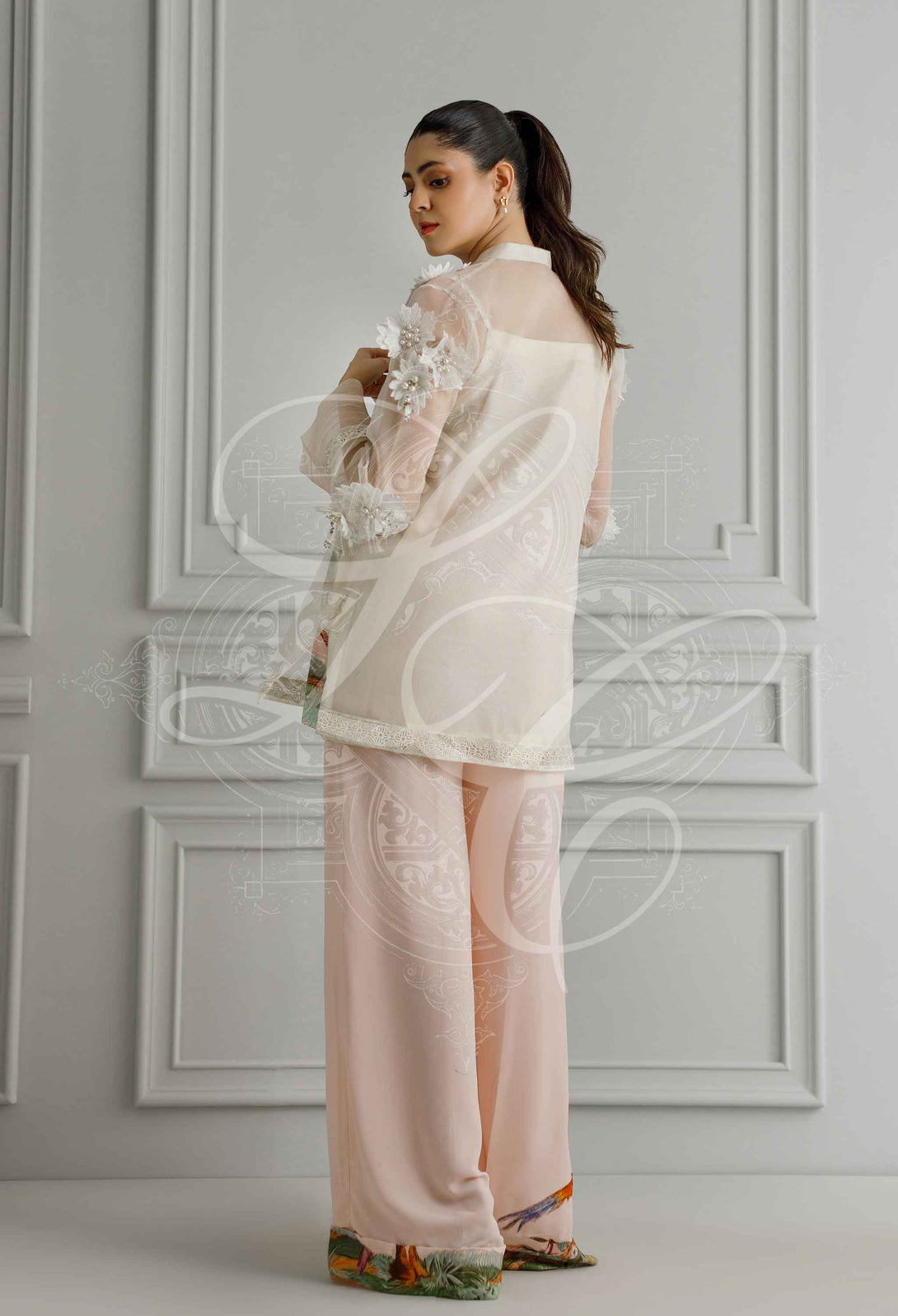 Organza shirt with printed pants