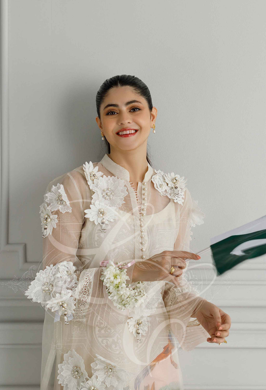 Organza shirt with printed pants