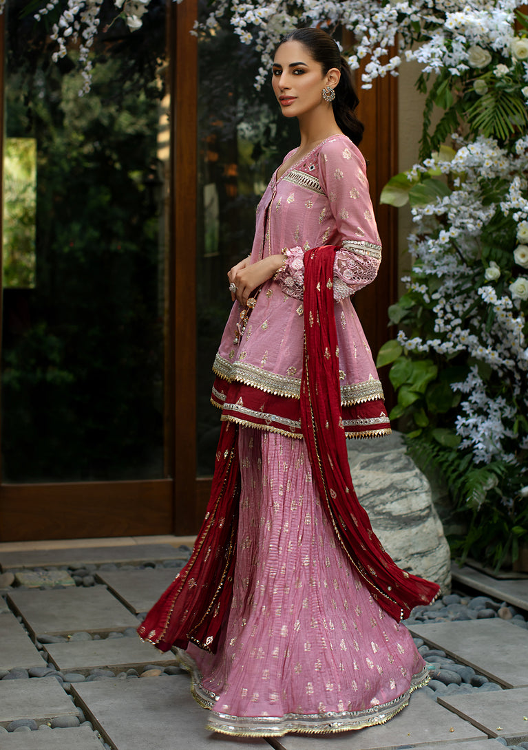 PEPLUM ANGRAKHA TOP WITH CRUSHED DUPATTA AND GHARARA