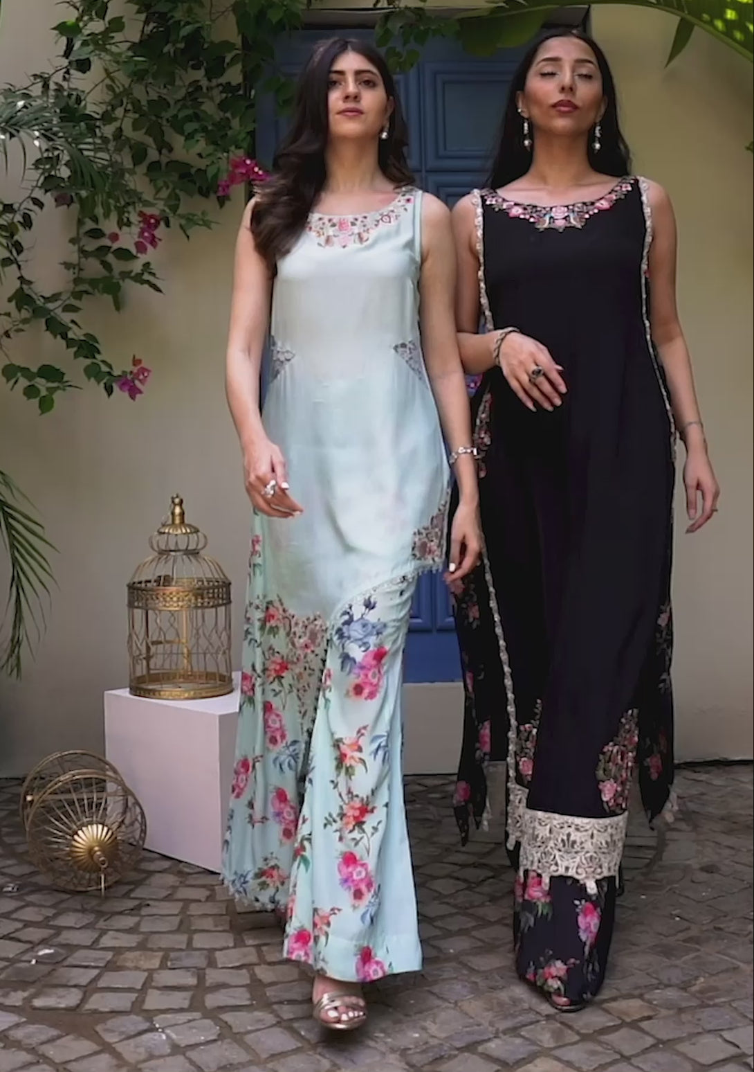 Asymmetric tiffany blue top with printed pants